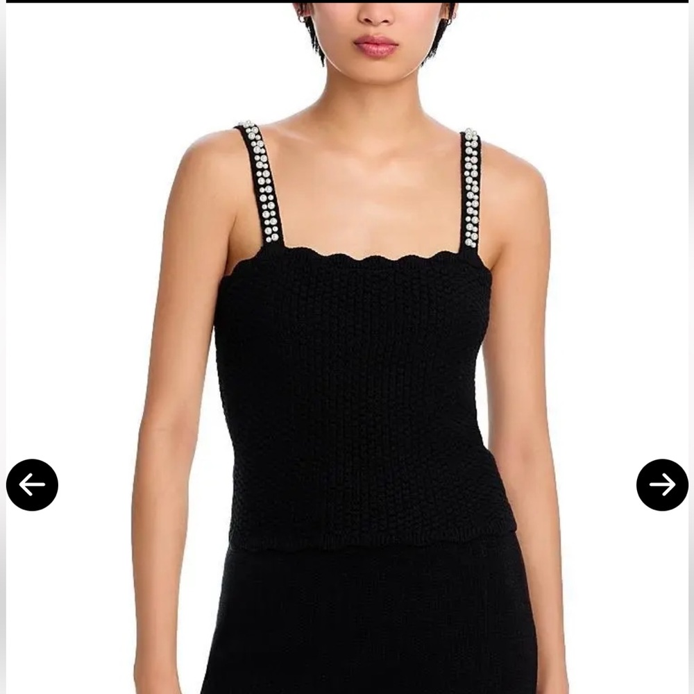 AQUA Black Scalloped Knit Tank Top Faux Pearl Strap NWT Size S